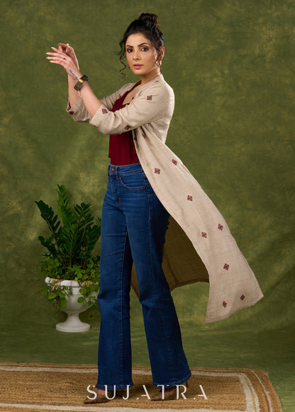 Exquisite Beige Long Shrug Showcasing Artisanal Embroidery Techniques -  Inner Optional