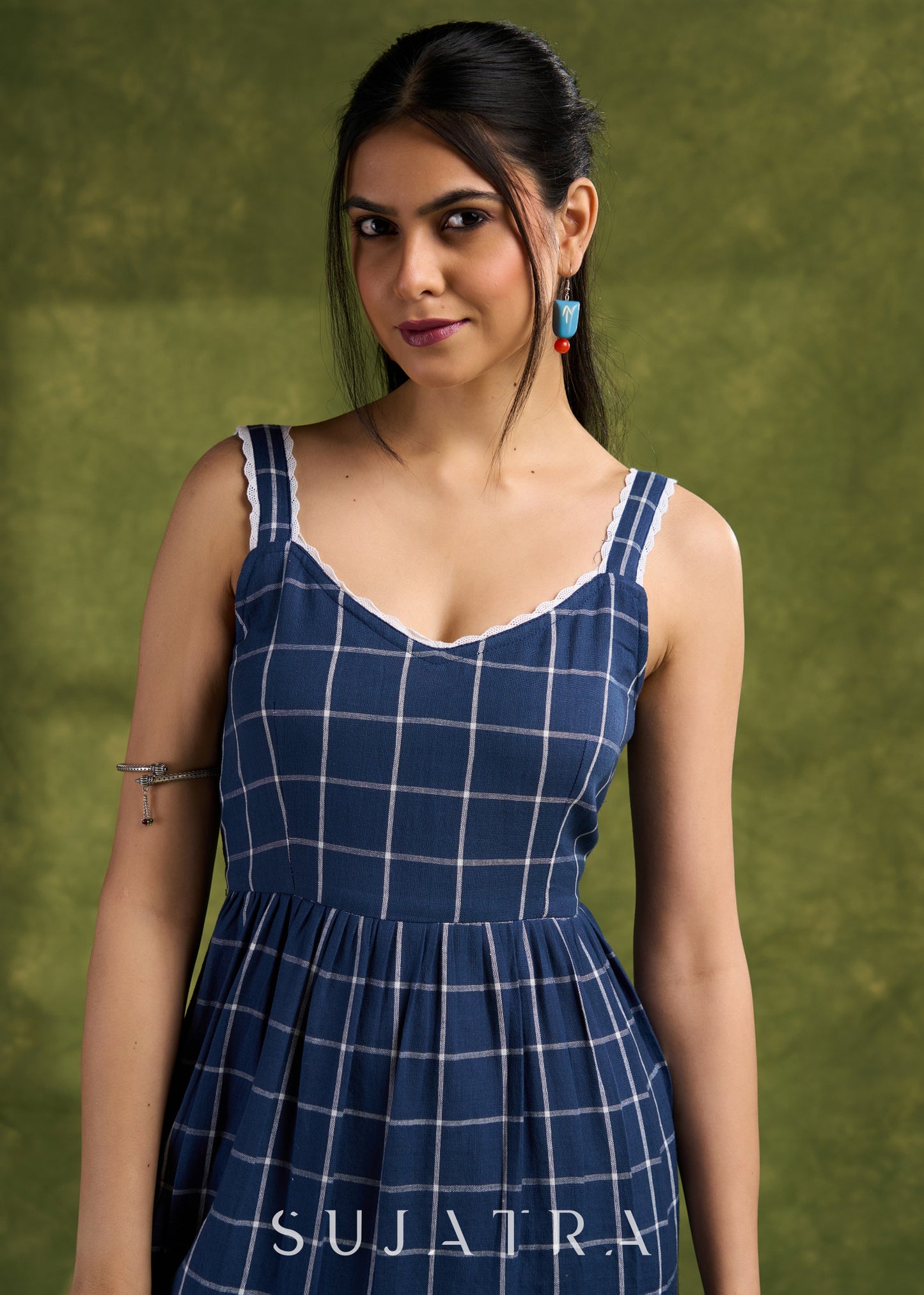 Plaid Navy Strappy Cotton Dress. Casual And Stylish With Bold Navy Checks