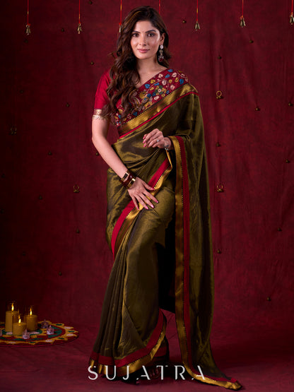 Midnight Black Tissue Saree featuring Maroon Accents & Artisanal Kalamkari and Elegant Zari Border