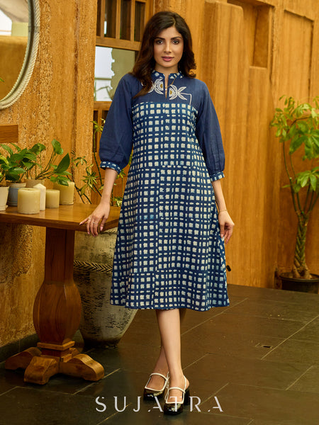 Bloomed in Blue Hand-Painted Indigo Dress with hand painted Contrast Yoke