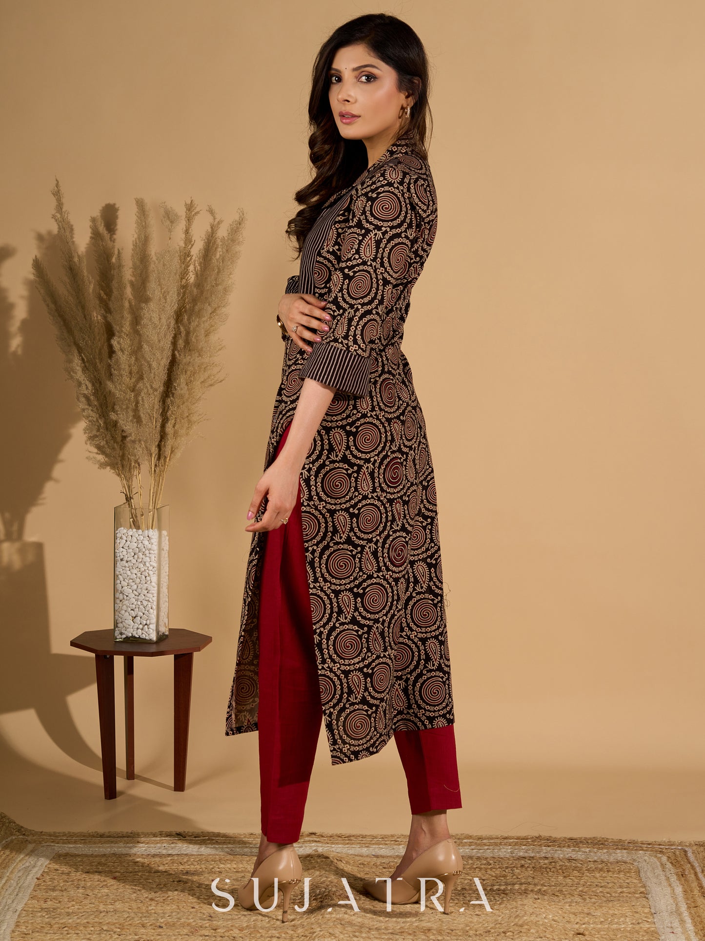 Bold Black Ajrakh Printed Cotton Kurta with Linear Yoke and Cuff Detailing