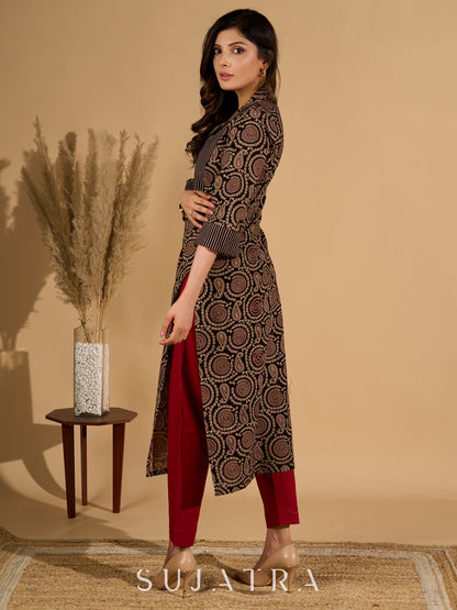 Bold Black Ajrakh Printed Cotton Kurta with Linear Yoke and Cuff Detailing