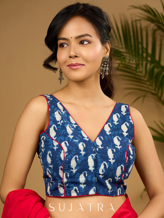 Stunning indigo cotton sleeveless blouse - Optional Plain Saree