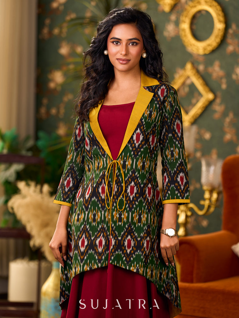 Artisanal Green Ikat Cotton Jacket Accented with Drawstring Detail, Mustard Collar, and High-Low Silhouette