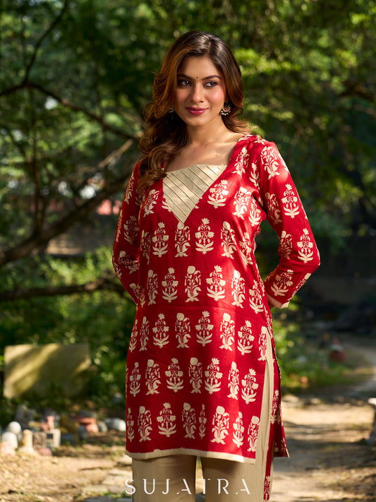 Vibrant red viscose short kurta showcasing a charming floral print, refined pintuck neck panel