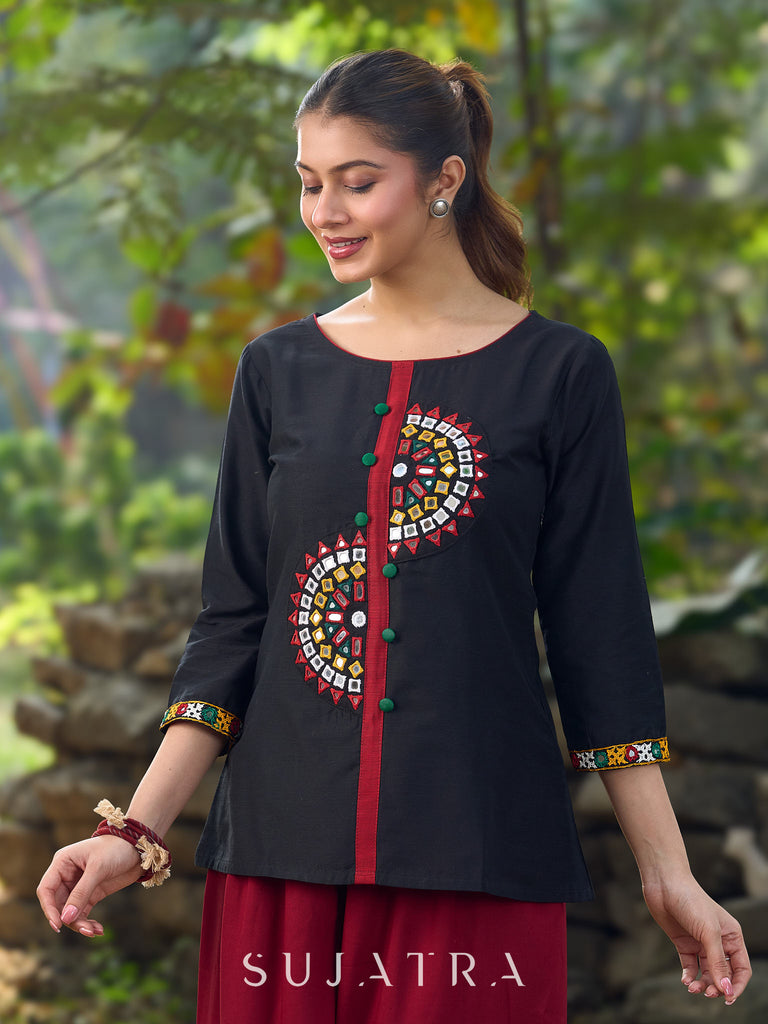 Classic Black Cotton Silk Top Featuring Delicate Kutch Mirror Work Accents & Bold Maroon Placket