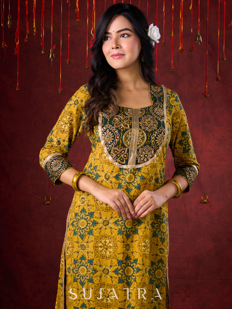 Mustard & Green Ajrakh Cotton Kurta with Minimal Hand Embroidery