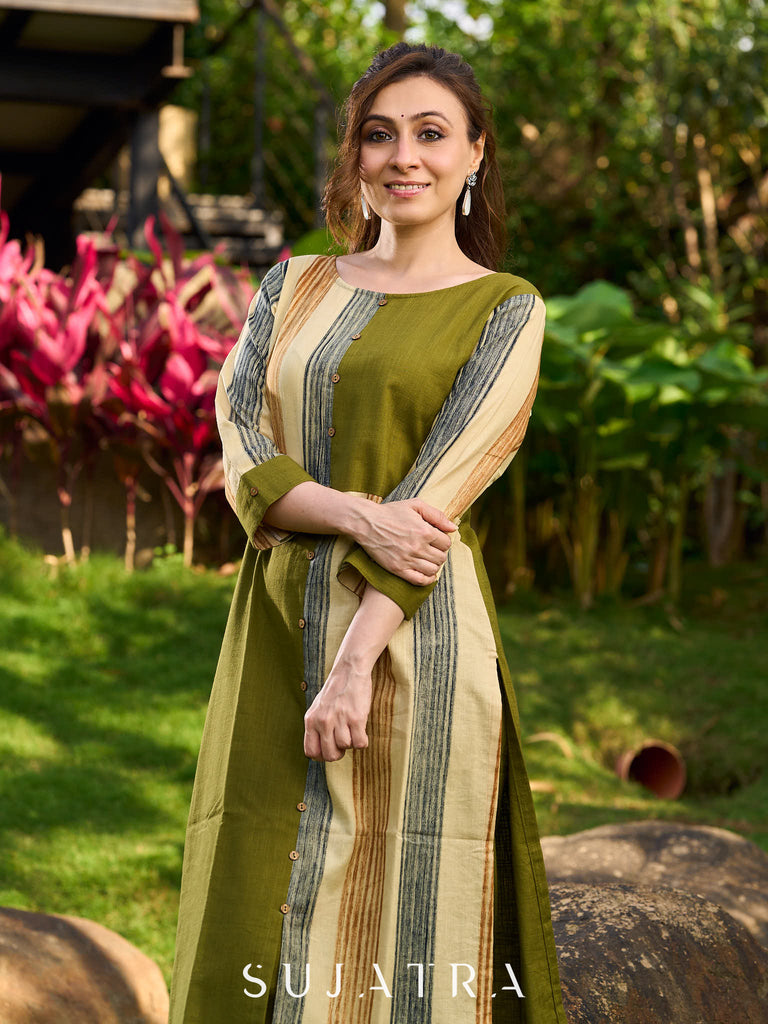 Artisanal Olive Cotton Kurta with Earthy Stripes and Asymmetrical Cut Panels