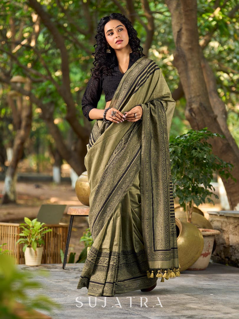 Natural Sage Green Cotton Saree with Traditional Black Hand Block Printed Border