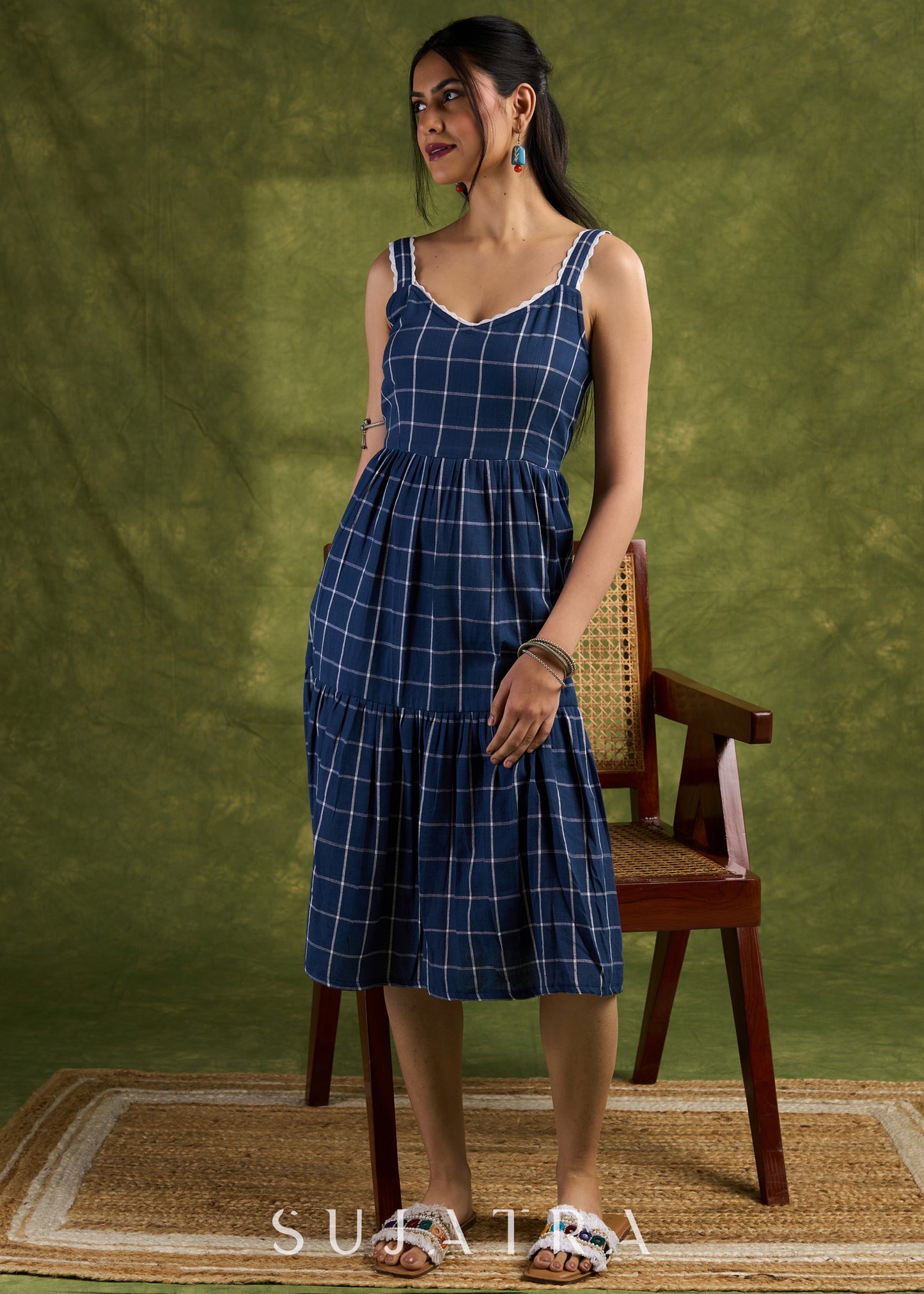 Plaid Navy Strappy Cotton Dress. Casual And Stylish With Bold Navy Checks