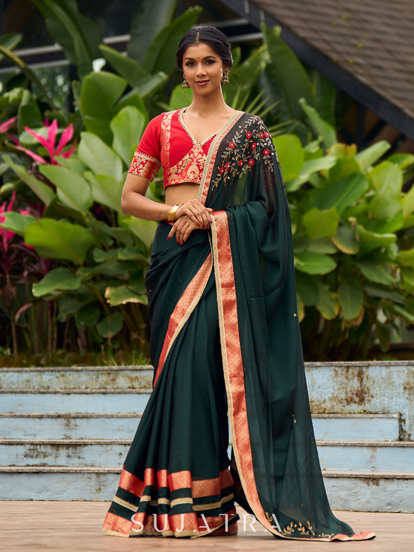 Timeless Bottle Green Georgette Saree with Contrast Red Benarasi Border & Hand Embroidered Pallu