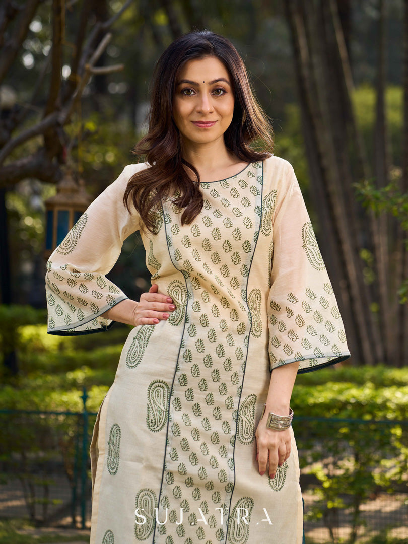 Classic Hand Block Printed Beige Chanderi Kurta Featuring Paisley Panels & Flared Sleeves