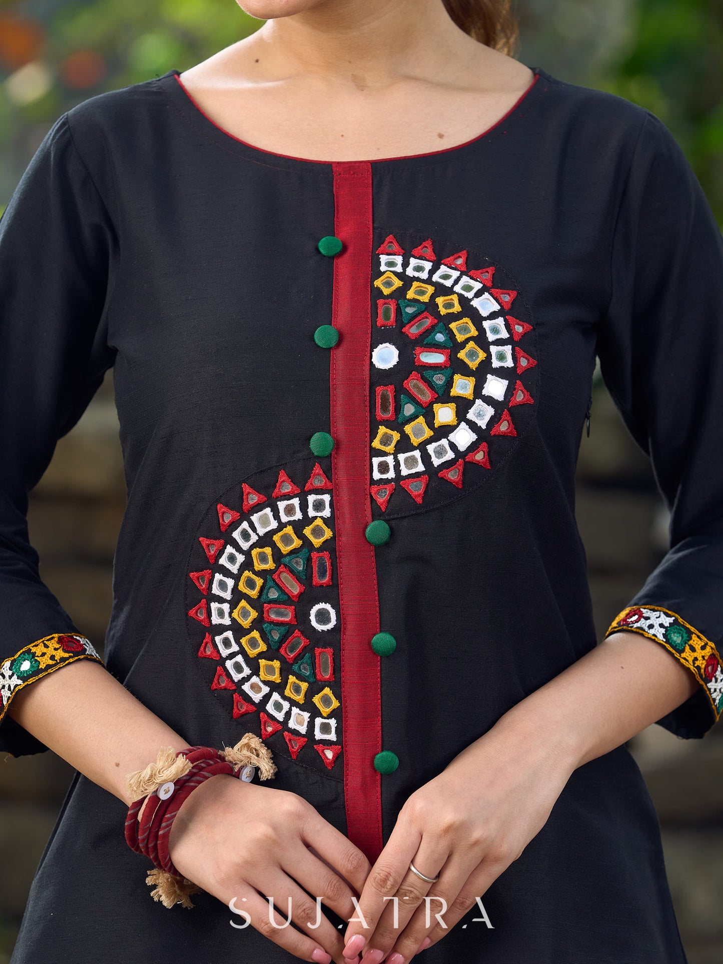 Classic Black Cotton Silk Top Featuring Delicate Kutch Mirror Work Accents & Bold Maroon Placket