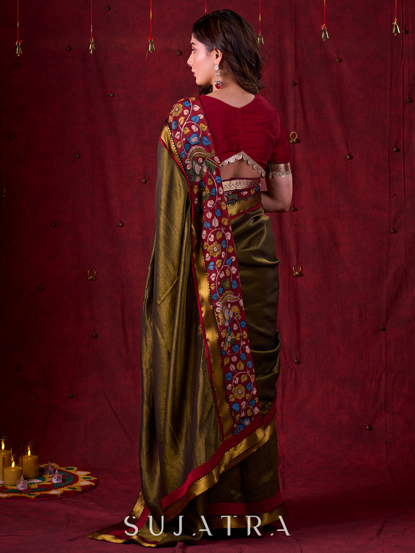 Midnight Black Tissue Saree featuring Maroon Accents & Artisanal Kalamkari and Elegant Zari Border - Blouse & Fabric Optional