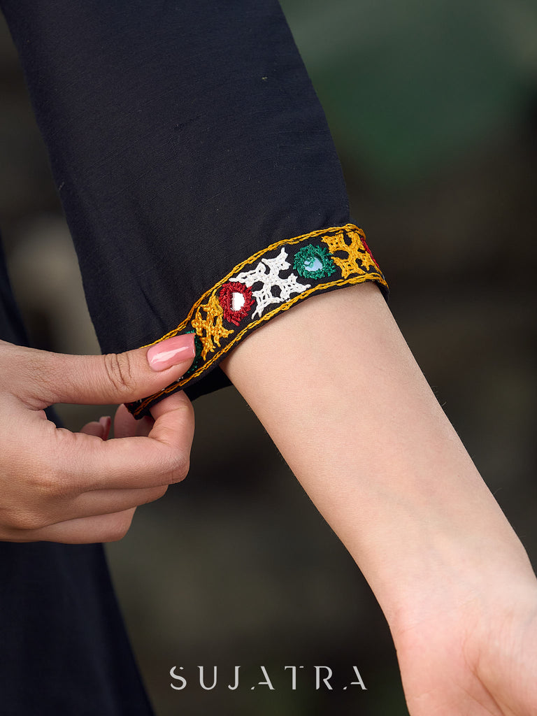 Classic Black Cotton Silk Top Featuring Delicate Kutch Mirror Work Accents & Bold Maroon Placket