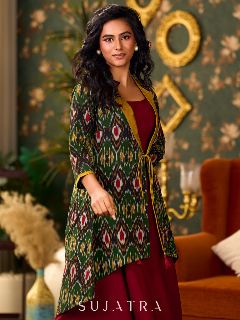 Artisanal Green Ikat Cotton Jacket Accented with Drawstring Detail, Mustard Collar, and High-Low Silhouette