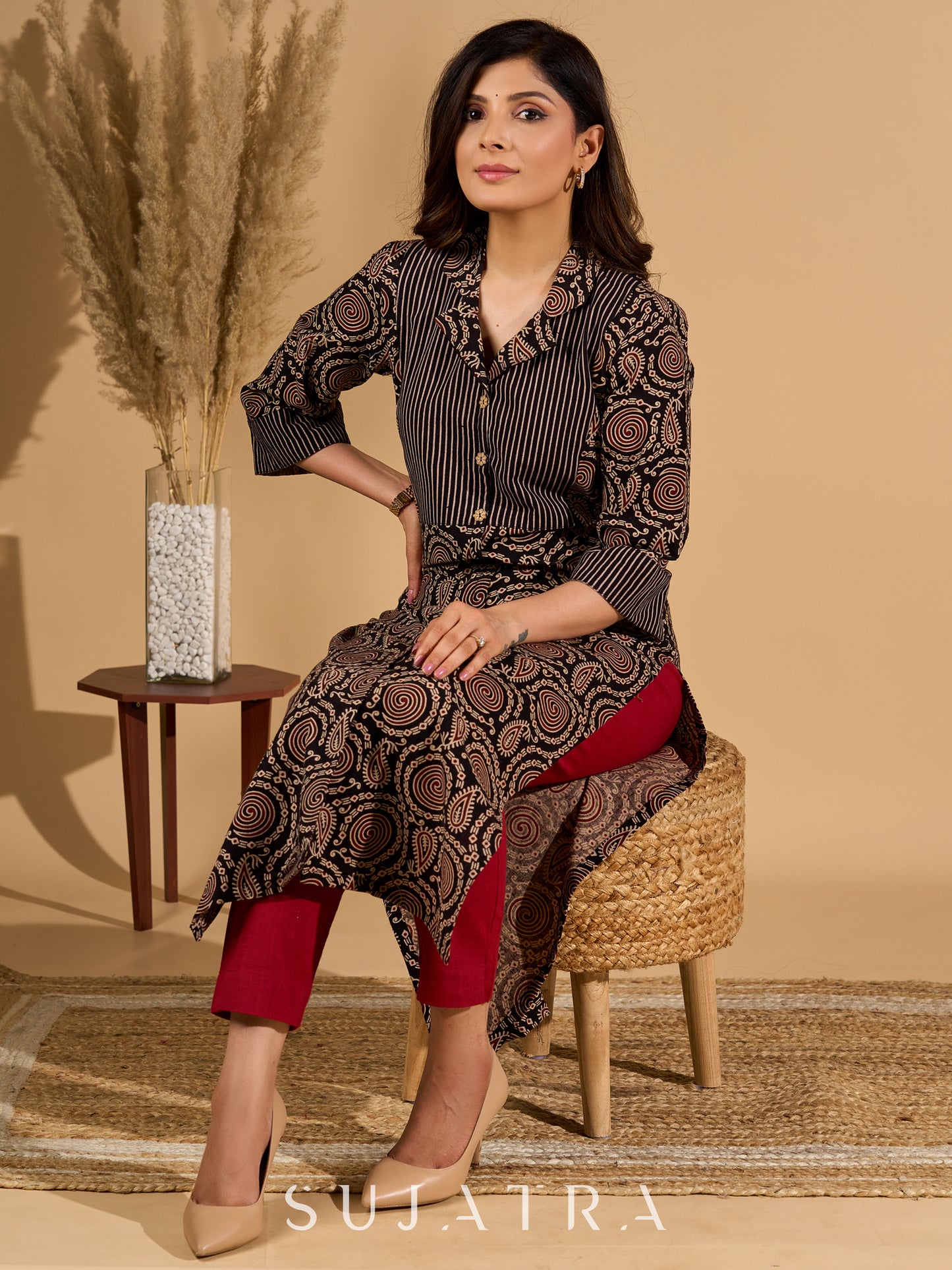 Bold Black Ajrakh Printed Cotton Kurta with Linear Yoke and Cuff Detailing