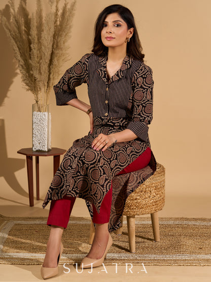 Bold Black Ajrakh Printed Cotton Kurta with Linear Yoke and Cuff Detailing
