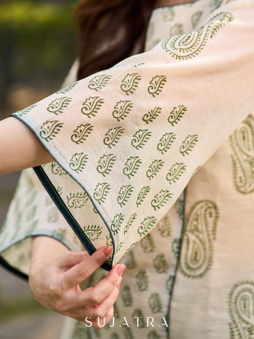 Classic Hand Block Printed Beige Chanderi Kurta Featuring Paisley Panels & Flared Sleeves