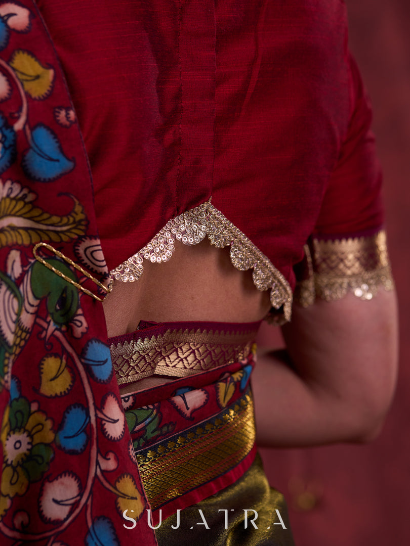 Maroon Cotton Silk Blouse with Intricate Zari Border Accents