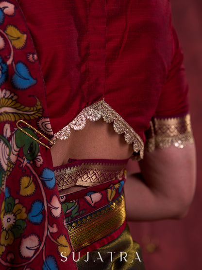 Maroon Cotton Silk Blouse with Intricate Zari Border Accents