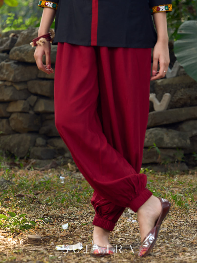 Classic Black Cotton Silk Top Featuring Delicate Kutch Mirror Work Accents & Bold Maroon Placket