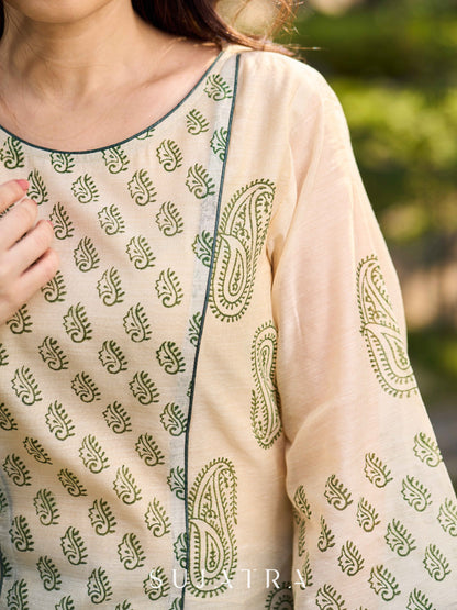 Classic Hand Block Printed Beige Chanderi Kurta Featuring Paisley Panels & Flared Sleeves
