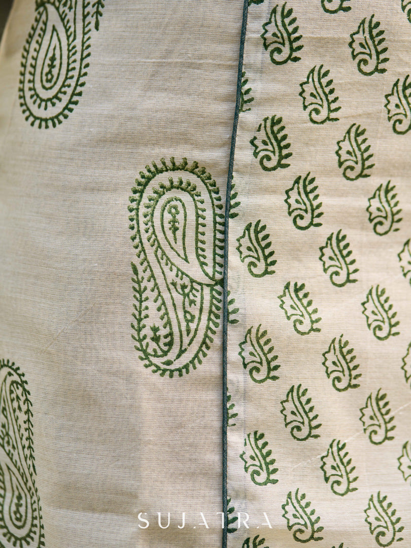 Classic Hand Block Printed Beige Chanderi Kurta Featuring Paisley Panels & Flared Sleeves