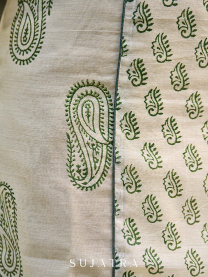 Classic Hand Block Printed Beige Chanderi Kurta Featuring Paisley Panels & Flared Sleeves