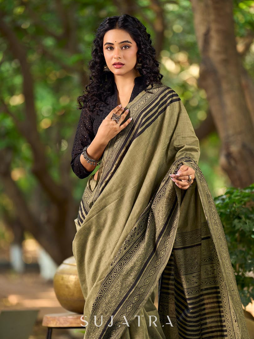 Natural Sage Green Cotton Saree with Traditional Black Hand Block Printed Border