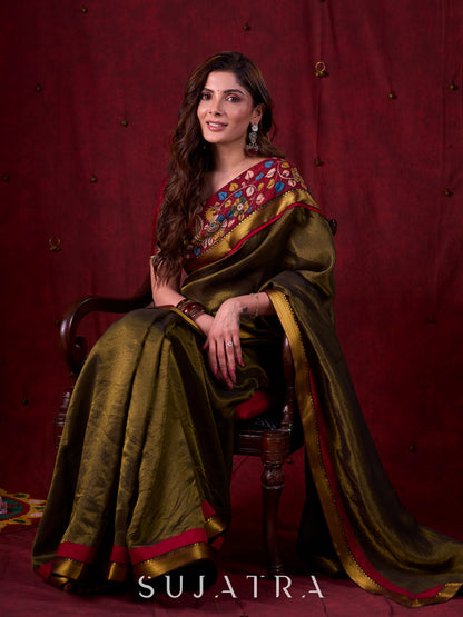 Midnight Black Tissue Saree featuring Maroon Accents & Artisanal Kalamkari and Elegant Zari Border