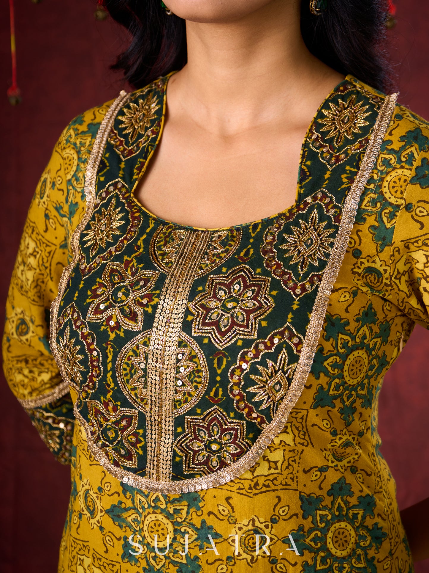 Mustard & Green Ajrakh Cotton Kurta with Minimal Hand Embroidery