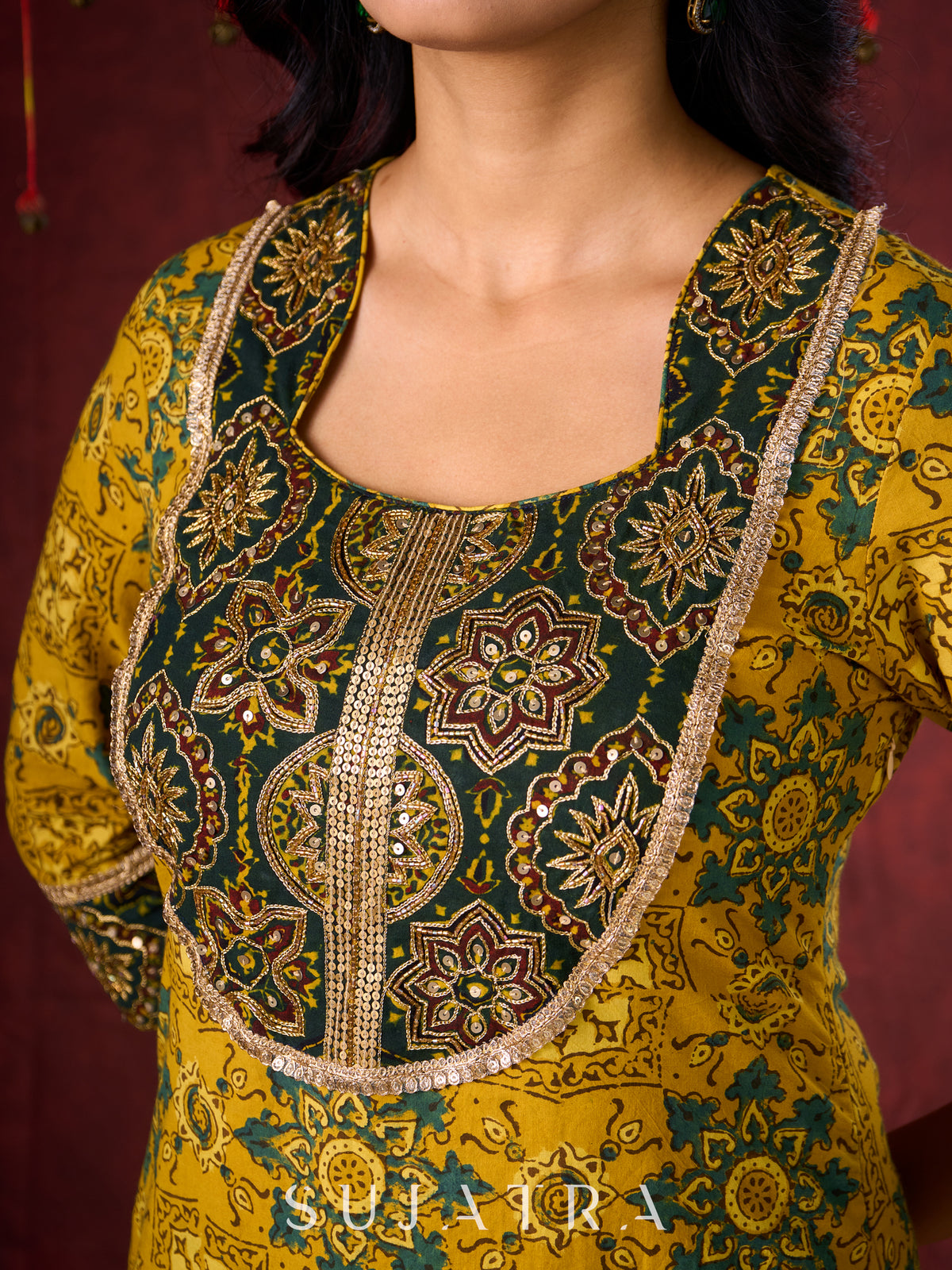 Mustard & Green Ajrakh Cotton Kurta with Minimal Hand Embroidery - Pant Optional