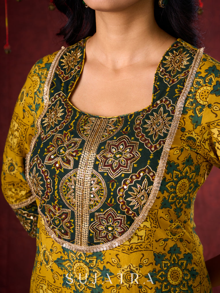 Mustard & Green Ajrakh Cotton Kurta with Minimal Hand Embroidery
