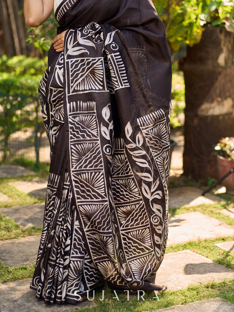 Artisanal Black Pure Silk Hand Batik Saree with Classic Bold Designs