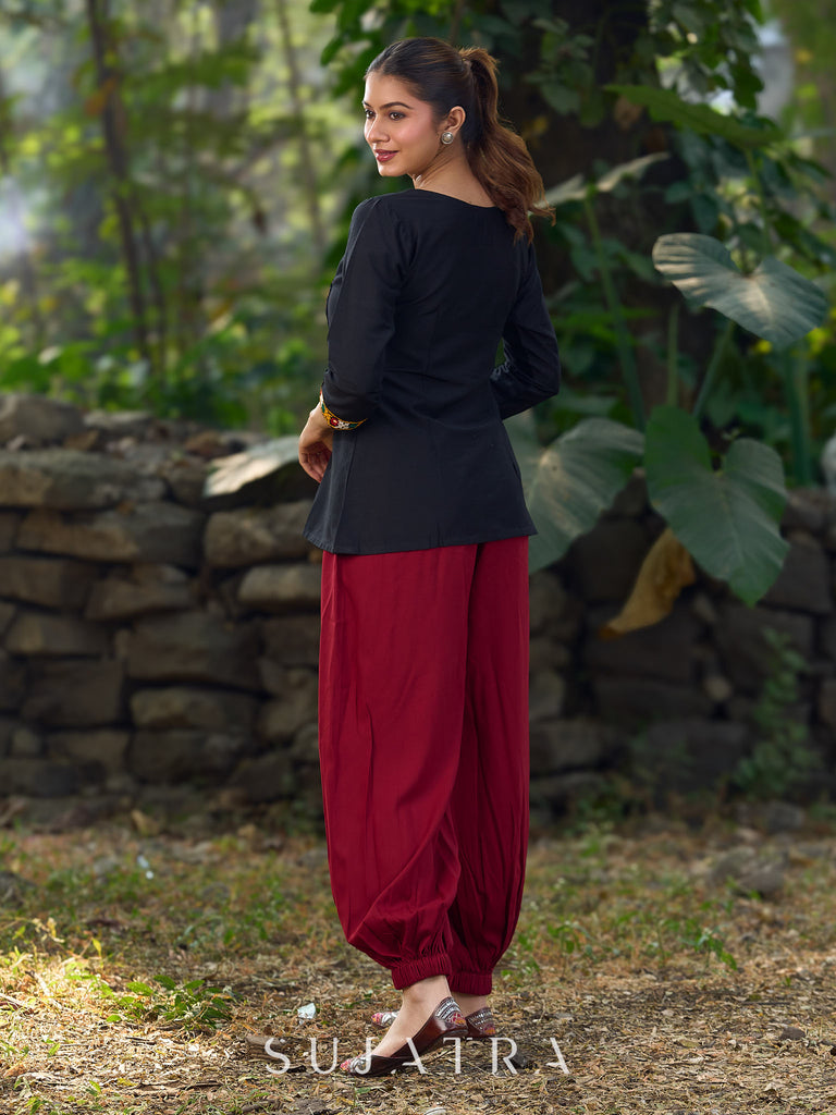 Classic Black Cotton Silk Top Featuring Delicate Kutch Mirror Work Accents & Bold Maroon Placket