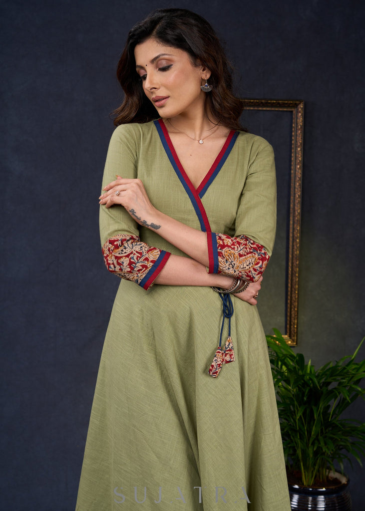 Exclusive-Sage-Green-Cotton-A-Line-Kurta-With-Kalamkari-Combination-Pant-Optional