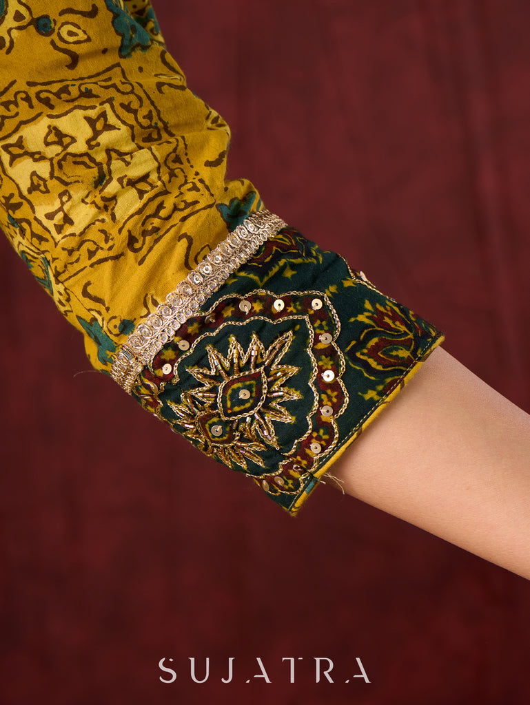 Mustard & Green Ajrakh Cotton Kurta with Minimal Hand Embroidery