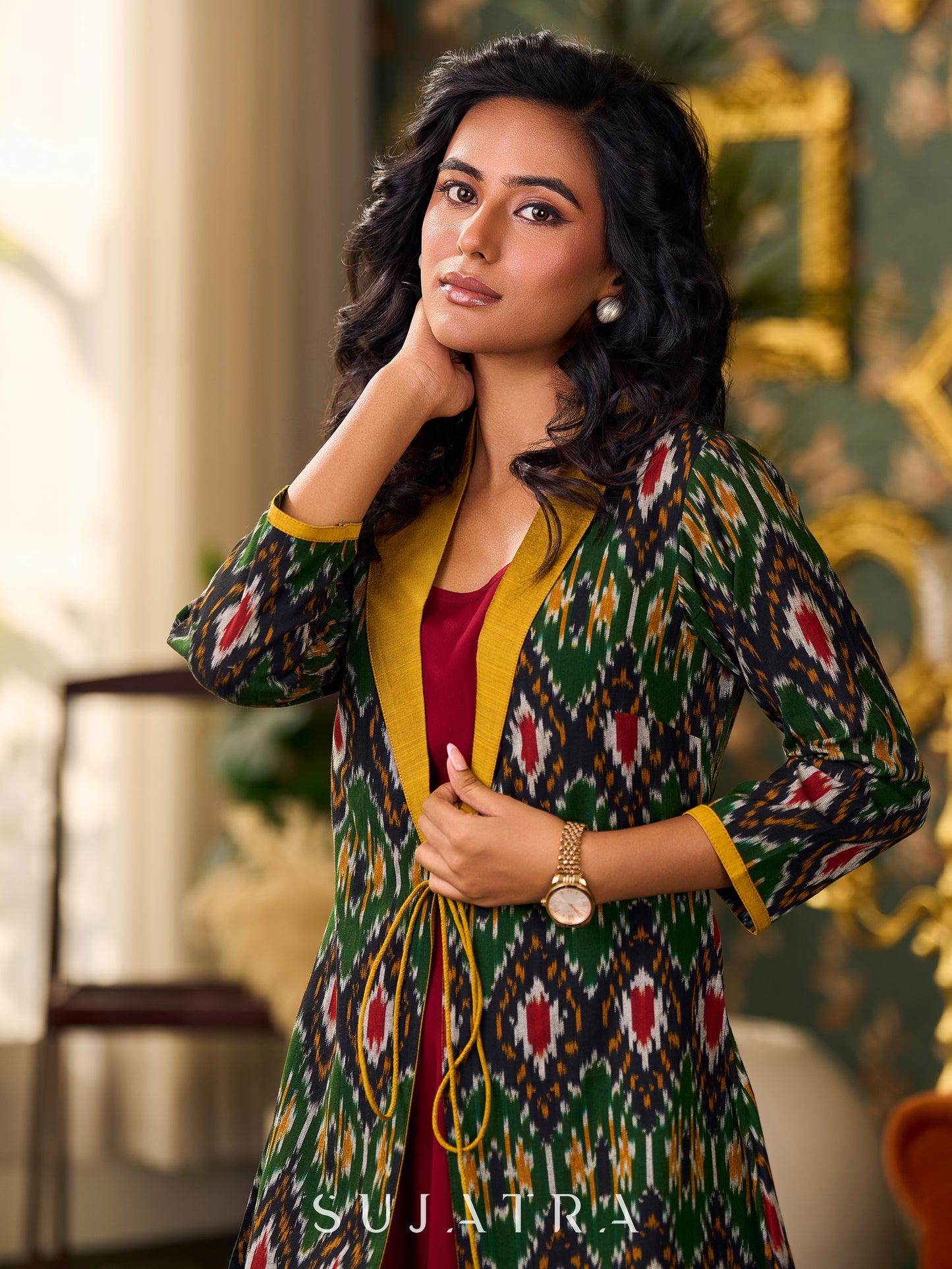 Artisanal Green Ikat Cotton Jacket Accented with Drawstring Detail, Mustard Collar, and High-Low Silhouette - Dress optional