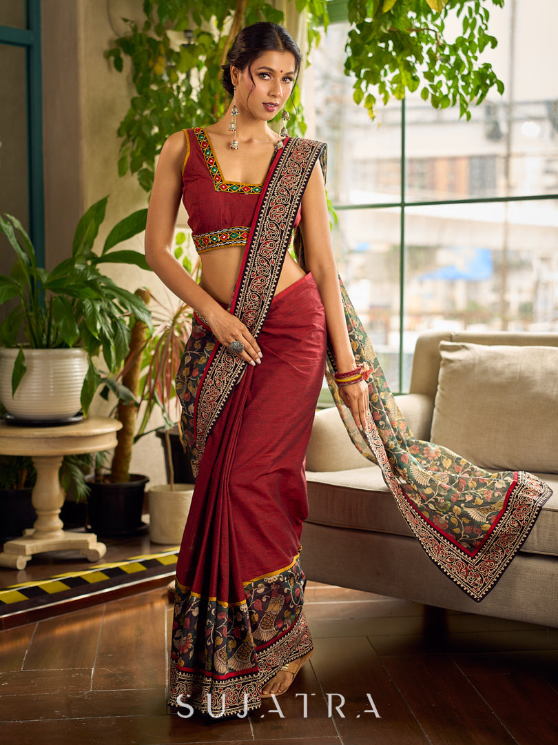 Regal Maroon Cotton Saree with Rich Kalamkari Printed Pallu with Mirror work