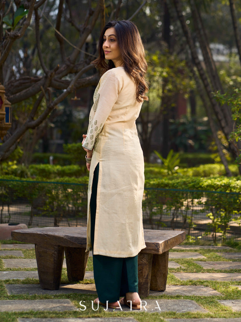 Classic Hand Block Printed Beige Chanderi Kurta Featuring Paisley Panels & Flared Sleeves