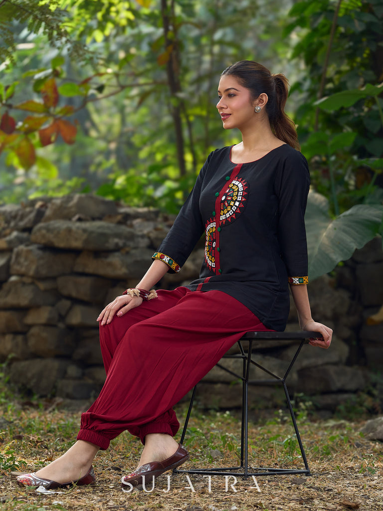 Classic Black Cotton Silk Top Featuring Delicate Kutch Mirror Work Accents & Bold Maroon Placket