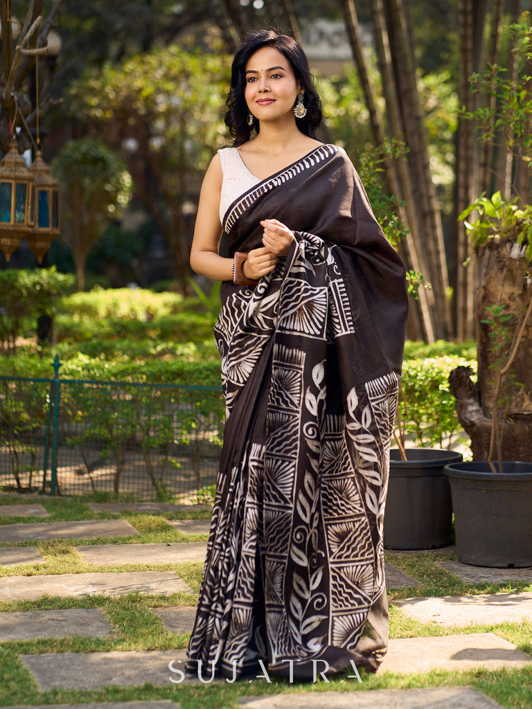 Artisanal Black Pure Silk Hand Batik Saree with Classic Bold Designs