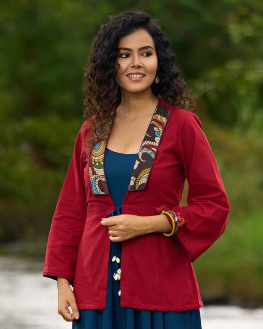 Radiant Maroon Cotton Boho Jacket with Kalamkari Border & Shell Embellishments - Dress Optional
