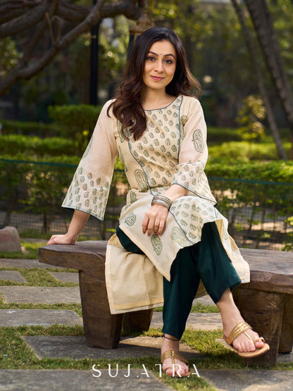Classic Hand Block Printed Beige Chanderi Kurta Featuring Paisley Panels & Flared Sleeves