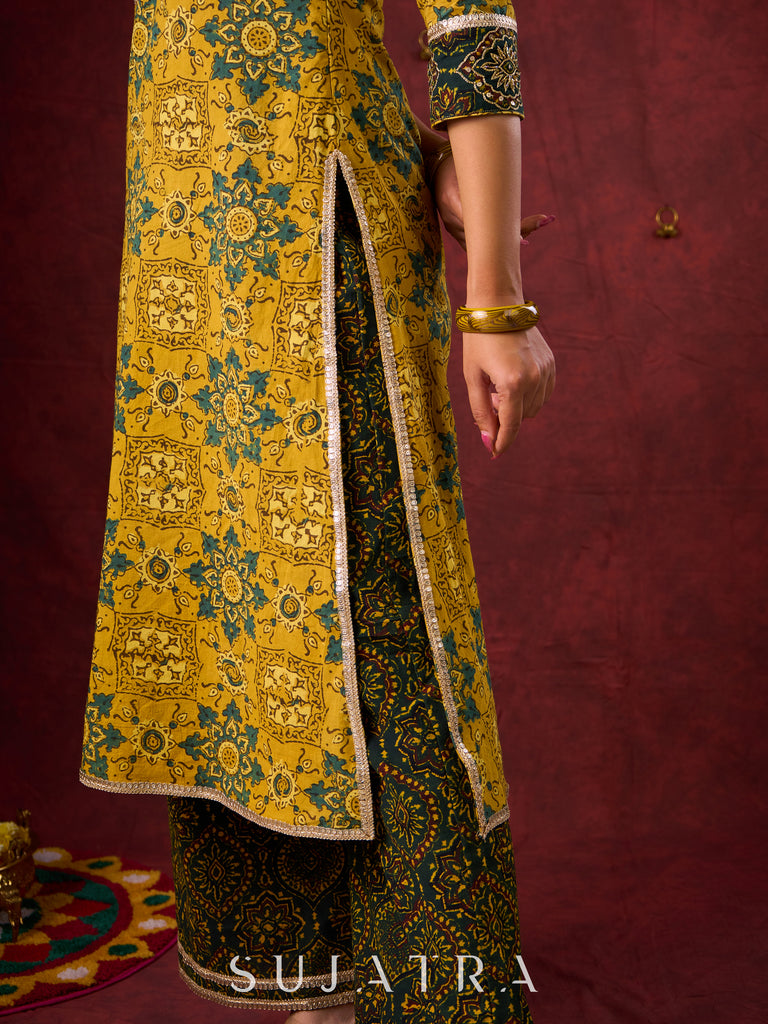 Mustard & Green Ajrakh Cotton Kurta with Minimal Hand Embroidery