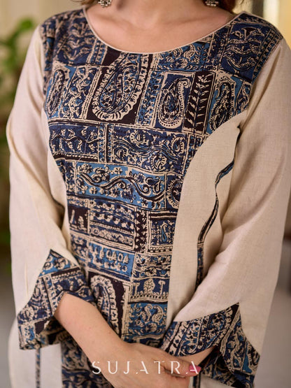 Classic Ivory Cotton Kurta with Navy Kalamkari Patchwork Front Panel