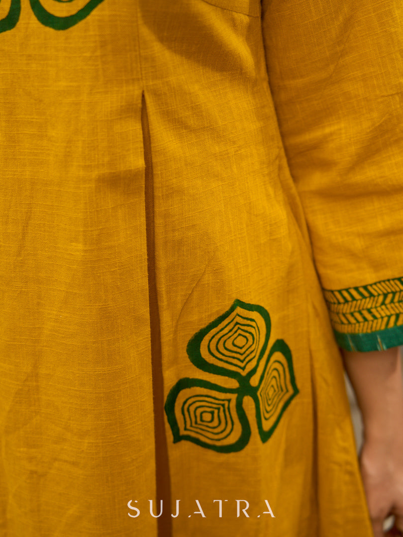 Contemporary Mustard Floral Hand Block Print Dress featuring Front & Back Box Pleat with Geometric Border on Hem & Sleeves