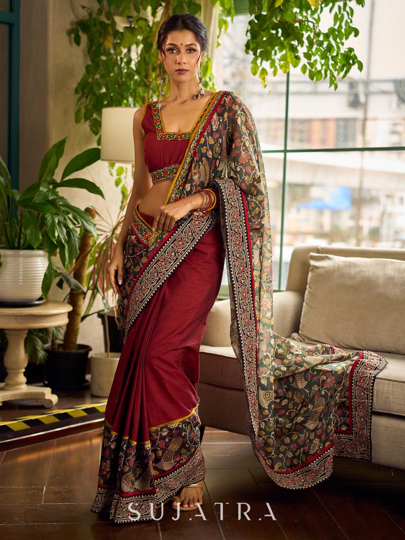 Regal Maroon Cotton Saree with Rich Kalamkari Printed Pallu with Mirror work