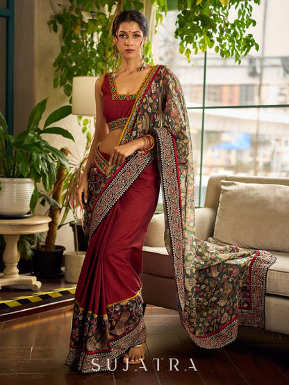 Regal Maroon Cotton Saree with Rich Kalamkari Printed Pallu with Mirror work